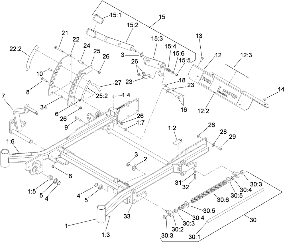 Front Frame Assembly Diagram and Parts List for 74264TE (310000001-310999999)(2010) Toro Lawn Mower