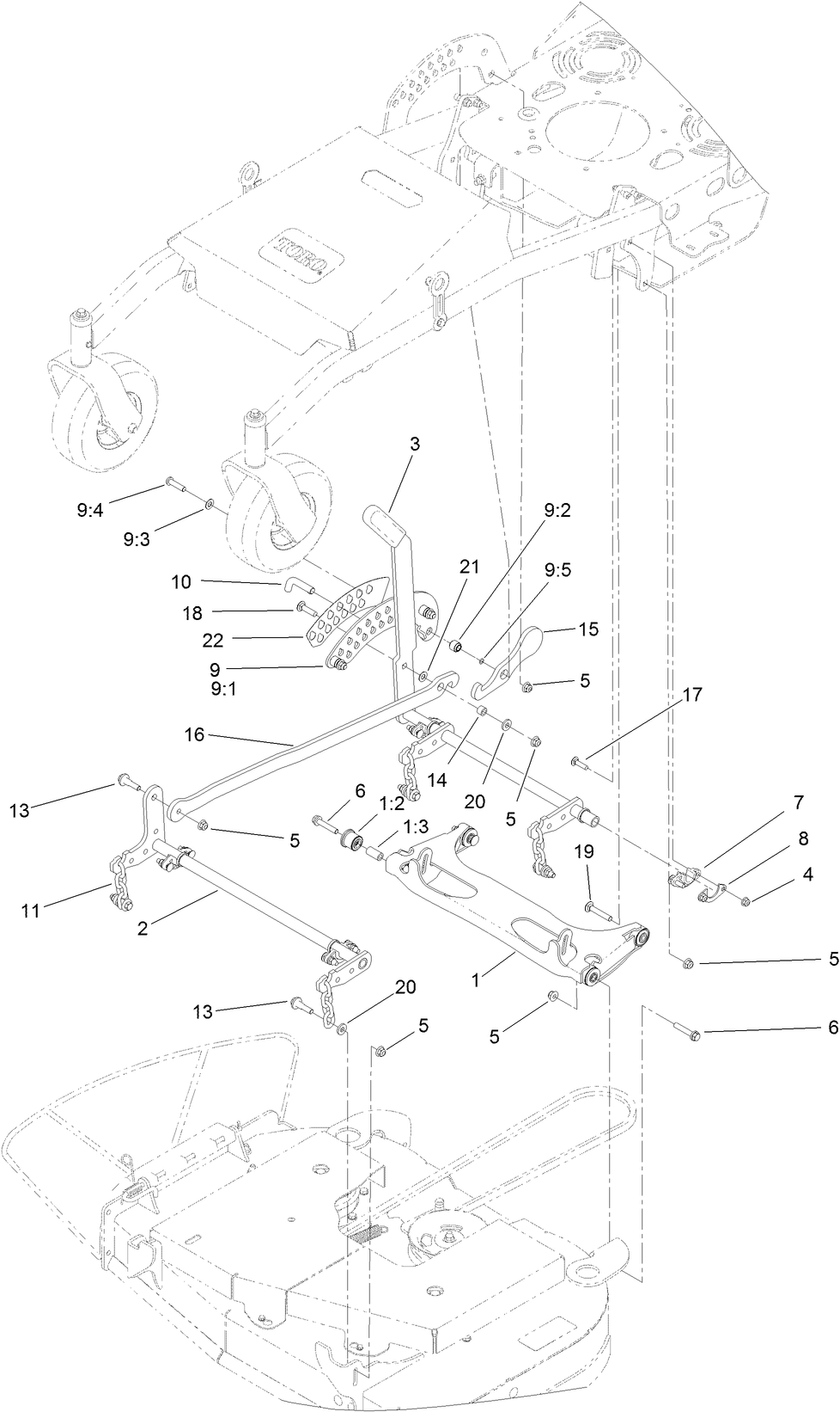 Deck Lift Assembly Diagram and Parts List for 44410 406814864-407699999 Toro Lawn Mower