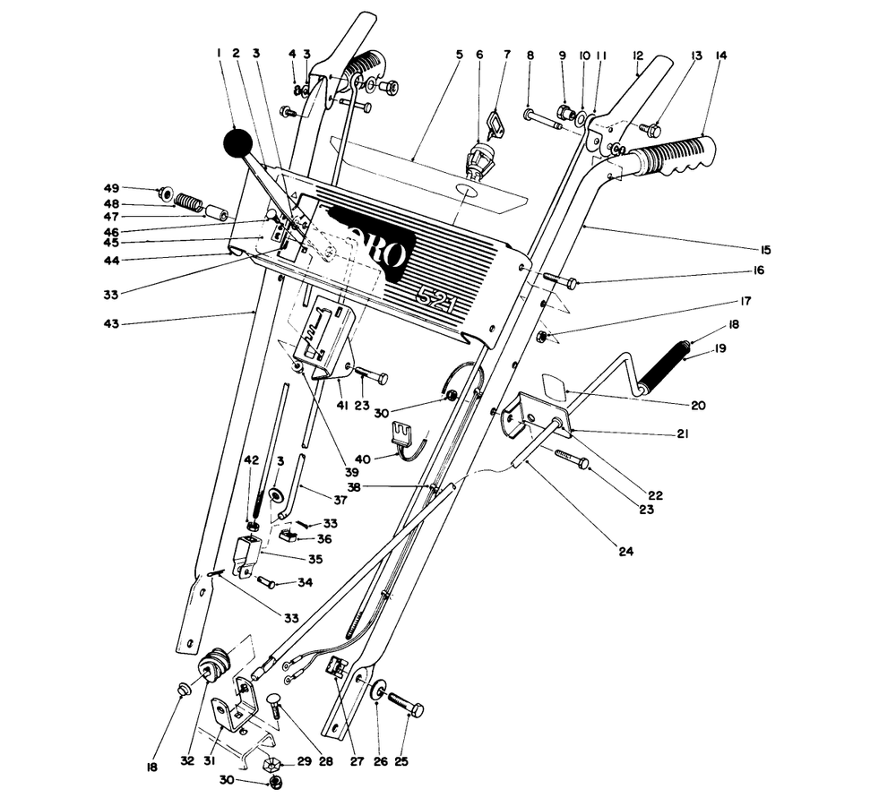 Handle Assembly Diagram and Parts List for 38054 3900001 - 3999999 Toro Snow Blower