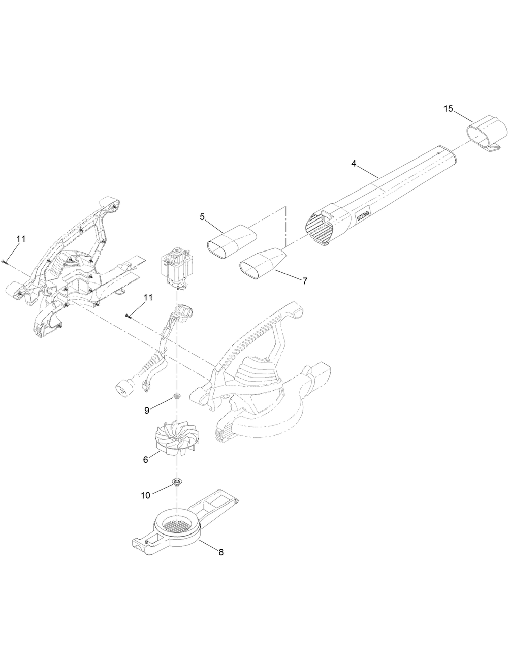 Blower Tube And Impeller Assembly Diagram and Parts List for 51563 321000001-321999999 Toro Leaf Blower / Vacuum