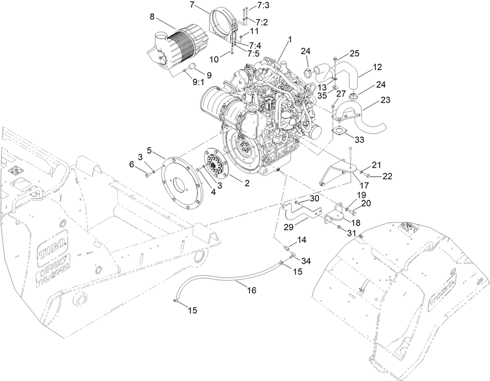 Engine And Air Cleaner Assembly Diagram and Parts List for 22530 406500000 - 410149999 Toro Lawn Tractor Accessories