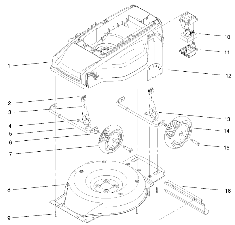 Deck, Liner And Wheel Assembly Diagram and Parts List for 20649 7900001 - 7999999 Toro Lawn Tractor Accessories