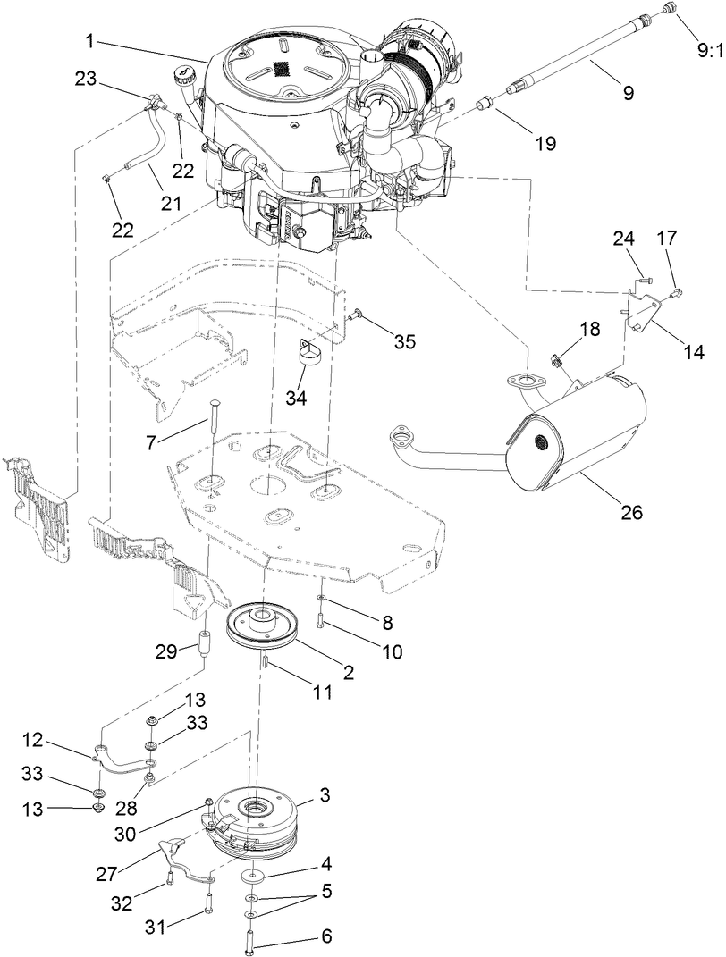 Engine, Clutch And Muffler Assembly Diagram and Parts List for 74960CP (311000001-311999999)(2011) Toro Lawn Mower