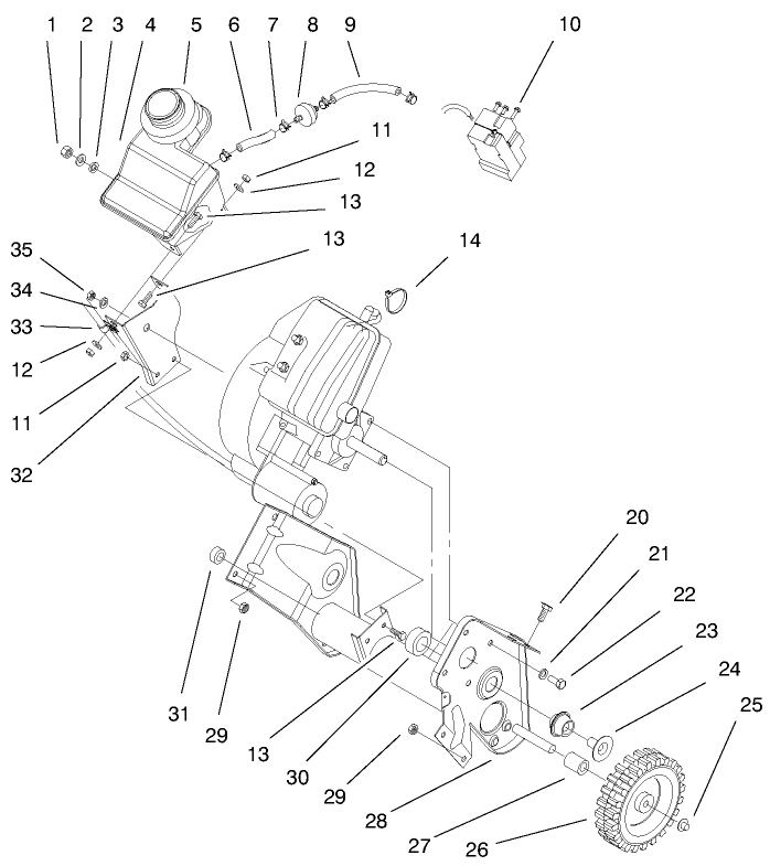 Engine And Gas Tank Assembly Diagram and Parts List for 38424 9900001 - 9999999 Toro Snow Blower