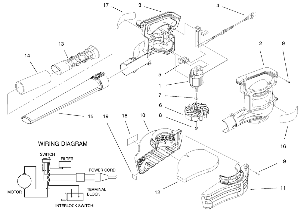 Blowervac Assembly Diagram and Parts List for 51566 9910001 - 99999999 Toro Leaf Blower / Vacuum