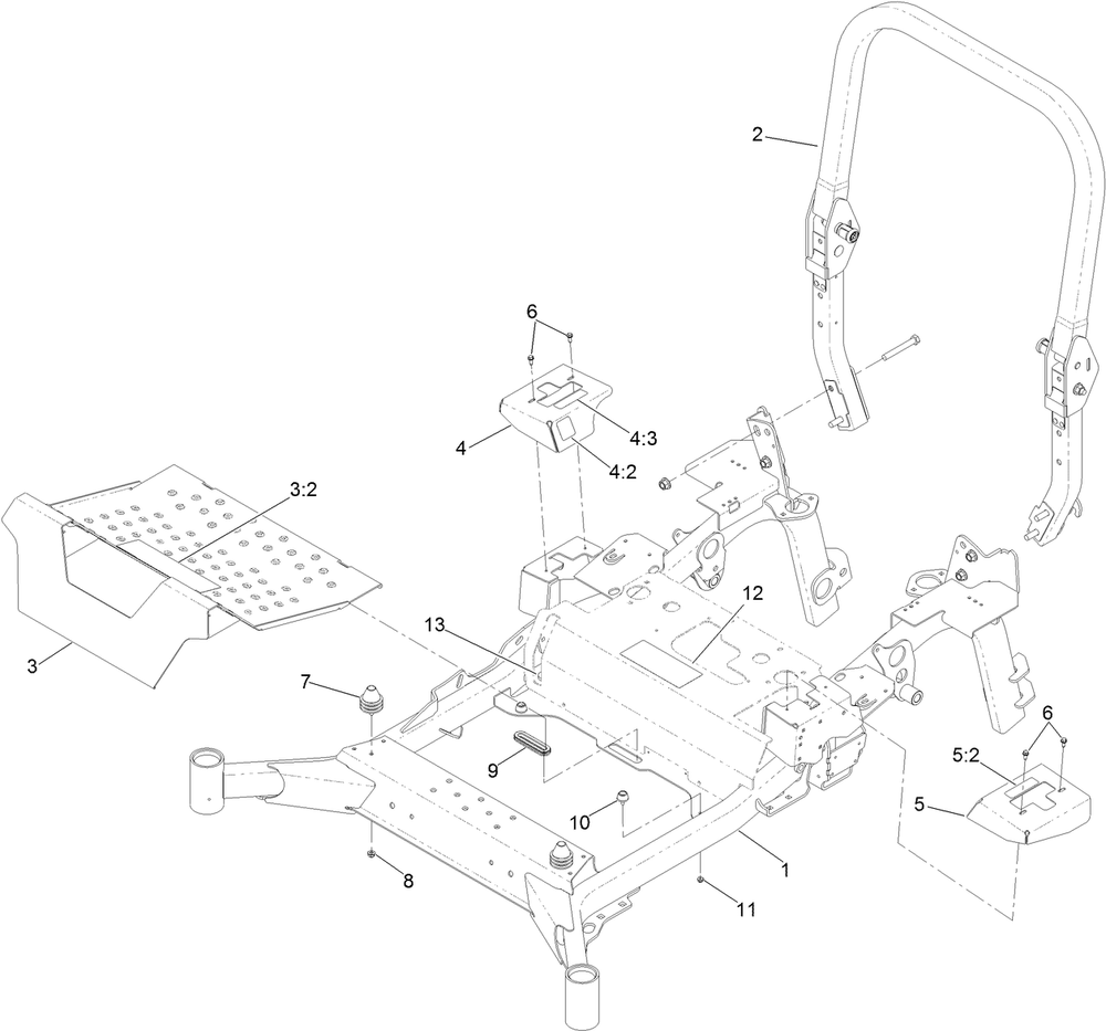 Main Frame And  Roll-Over Protection System Assembly Diagram and Parts List for 74096 403247447-999999999 Toro Lawn Tractor