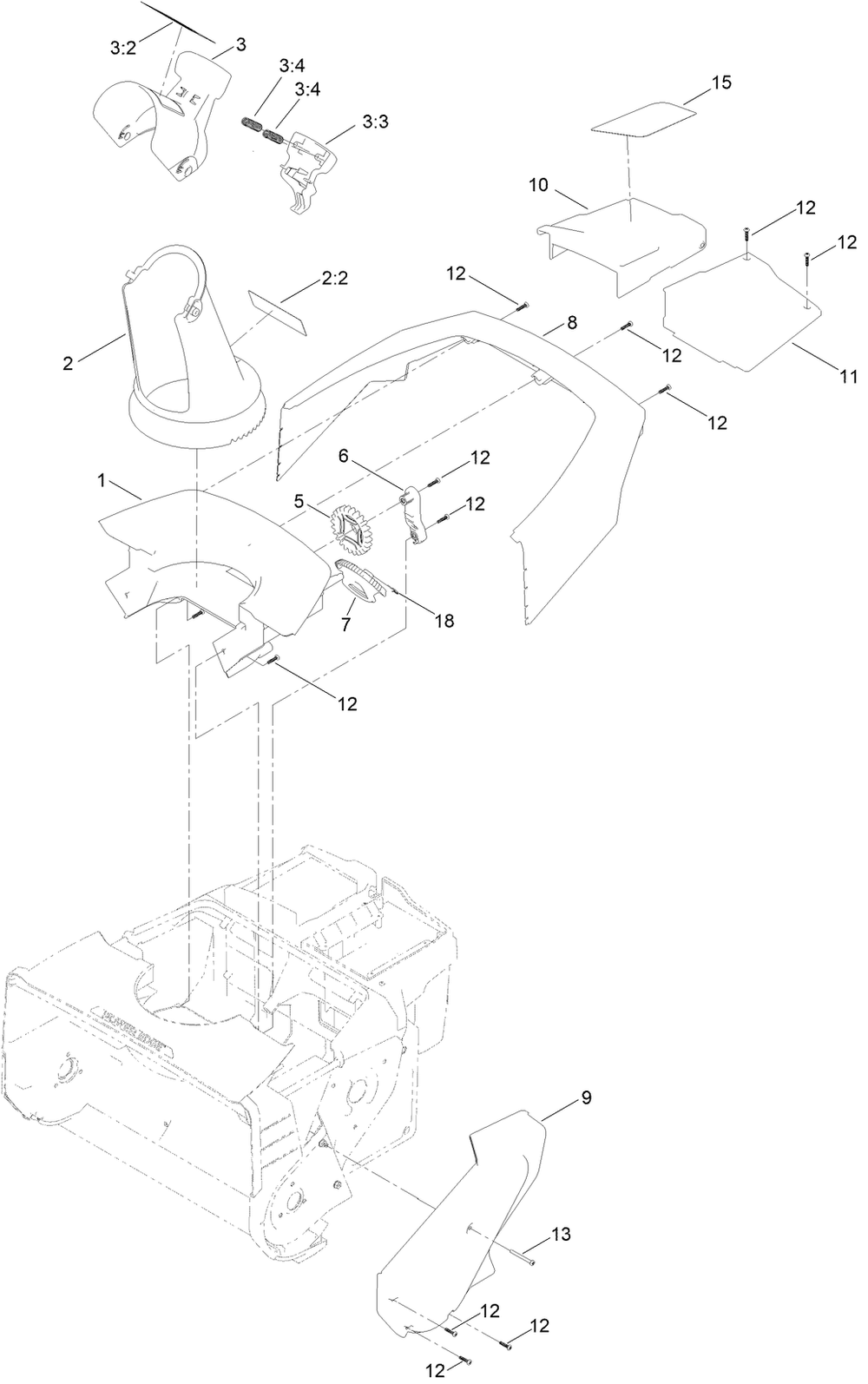 Chute Assembly Diagram and Parts List for 39901T 400000000 - 411999999 Toro Snow Blower