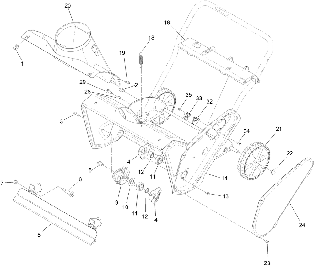 Main Frame, Lower Chute And Wheel Assembly Diagram and Parts List for 38568 407000000 - 999999999 Toro Snow Blower