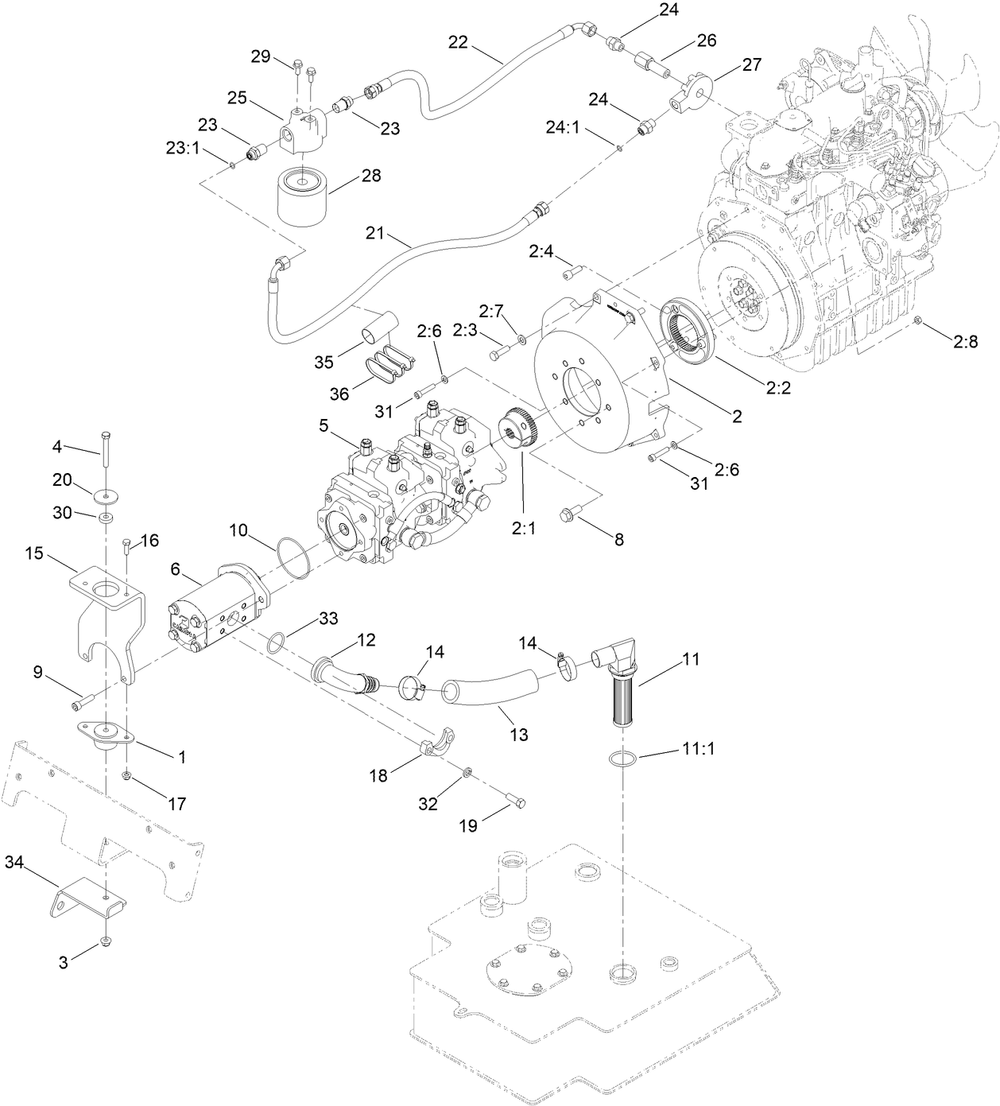 Tandem Pump And Gear Pump Assembly Diagram and Parts List for 22328 411840000 - 412438202 Toro Lawn Tractor Accessories