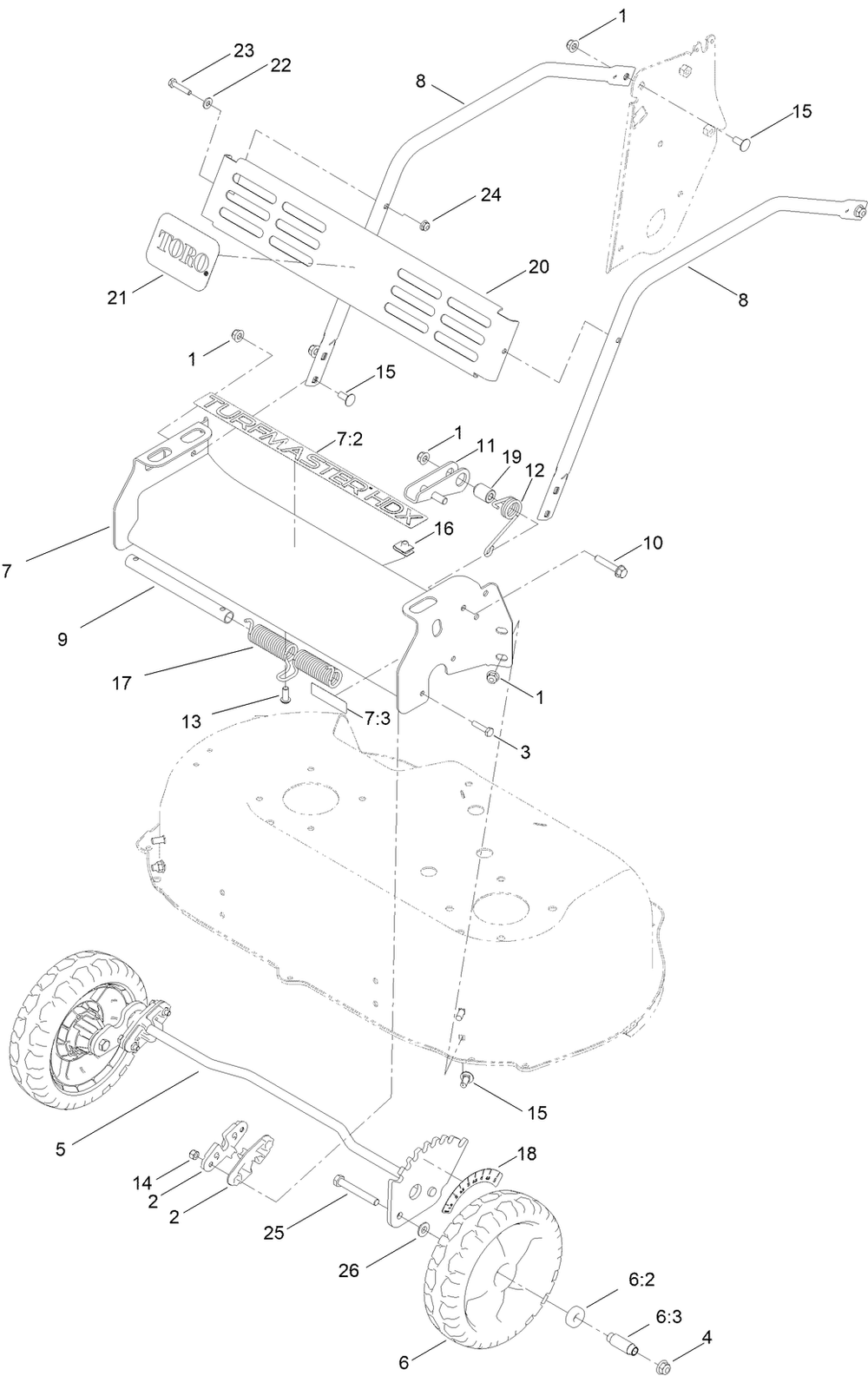 Front Bumper And Wheel Assembly Diagram and Parts List for 22207 410100000-999999999 Toro Lawn Mower