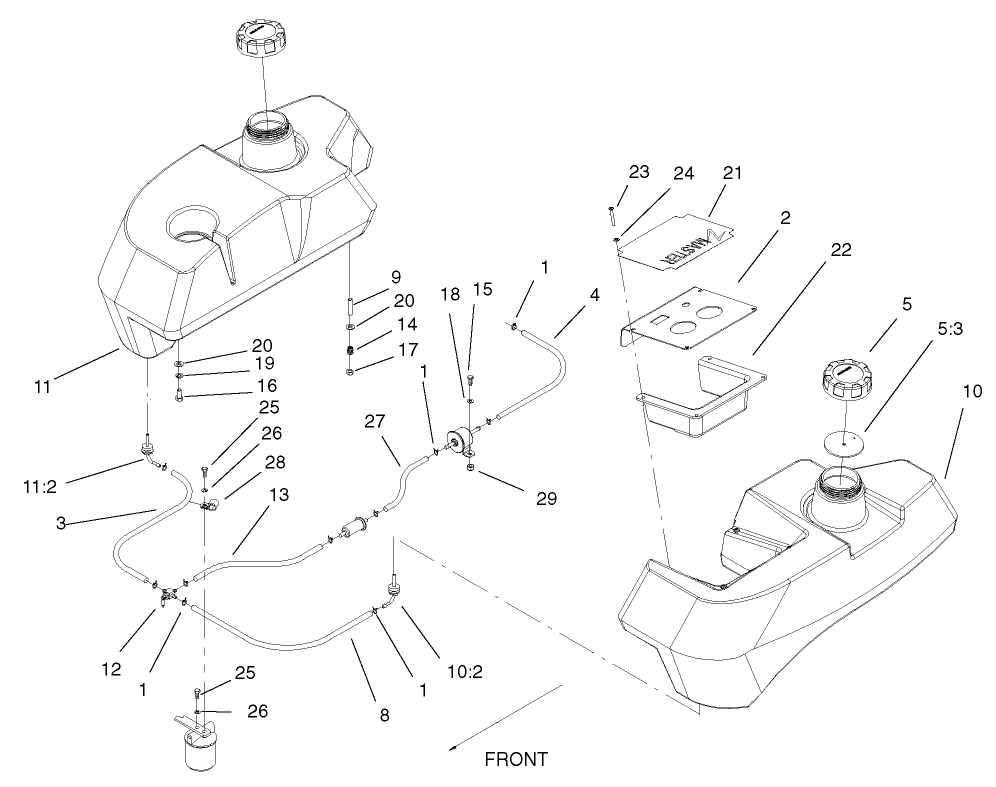 Tank And Fuel Line Assembly Diagram and Parts List for 74236 (220000001-220999999)(2002) Toro Lawn Mower
