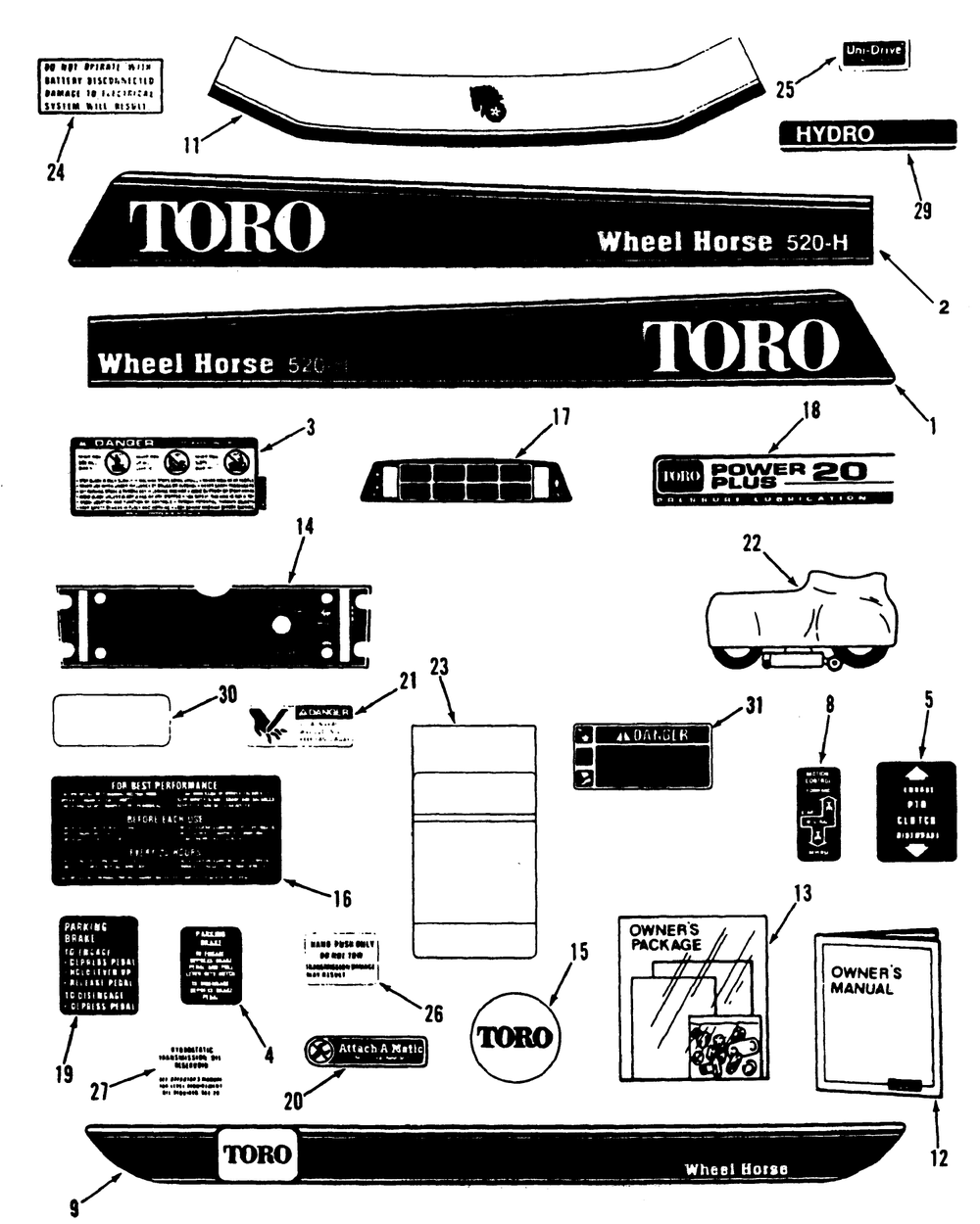 Decals Diagram and Parts List for 41-20OE03 2000001 - 2999999 Toro Lawn Tractor