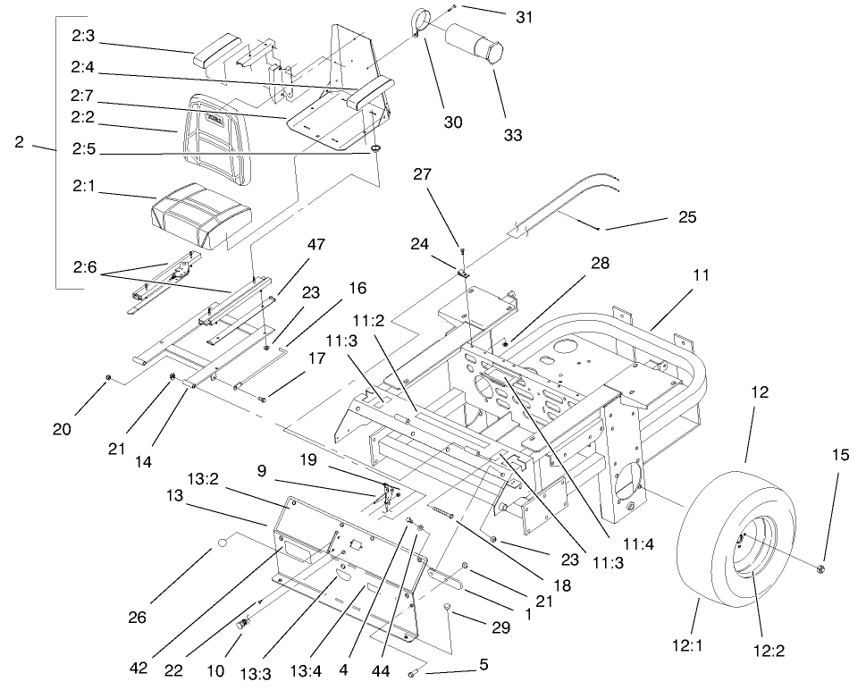 Seat And Rear Frame Assembly Diagram and Parts List for 74212 (990001-991000)(1999) Toro Lawn Mower