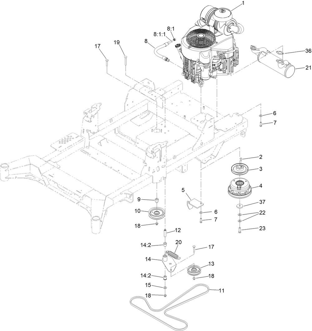 Engine, Clutch And Muffler Assembly Diagram and Parts List for 77294TA 400000000 - 414801564 Toro Lawn Tractor
