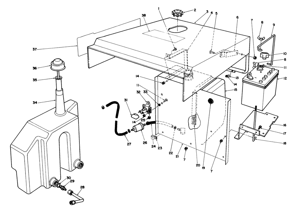 Hood Gas & Hydraulic Tank Assembly Diagram and Parts List for 30754 7000001 - 7999999 Toro Lawn Tractor