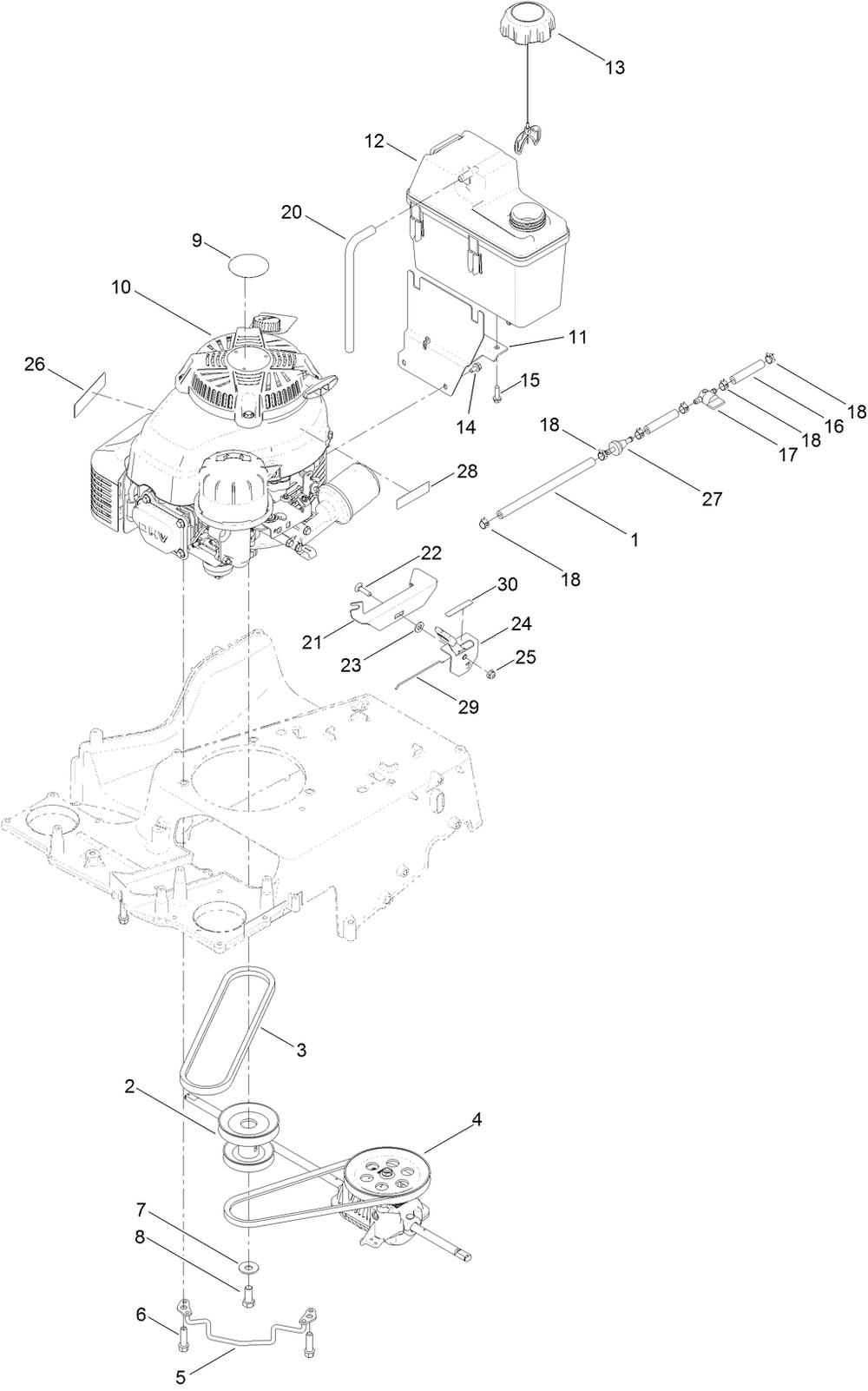 Engine And Fuel Tank Assembly Diagram and Parts List for 22210 (316000001-316999999)(2016) Toro Lawn Mower