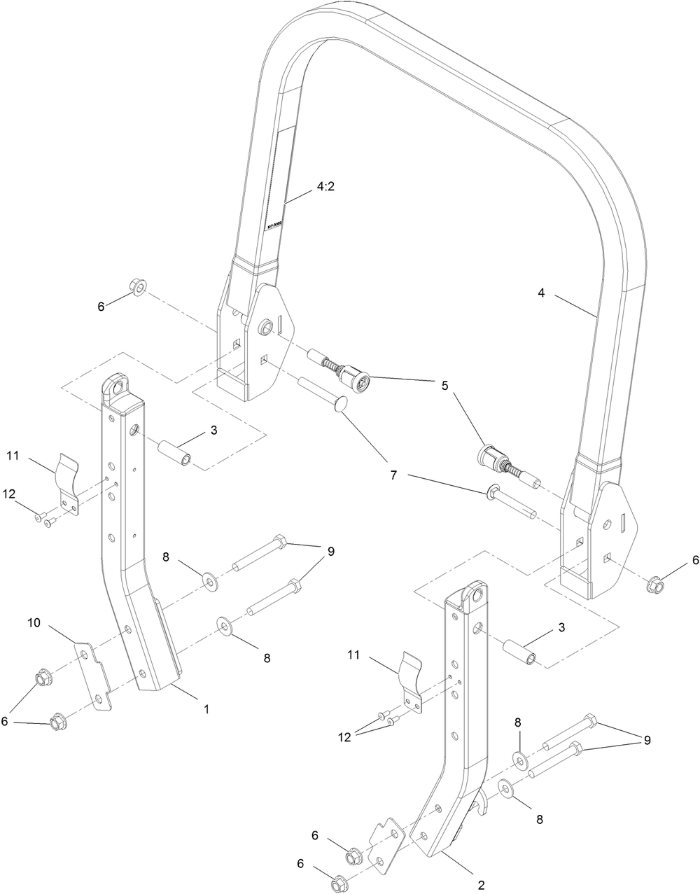 Roll-Over Protection System Assembly Diagram and Parts List for 72096 406343181-407109999 Toro Lawn Tractor