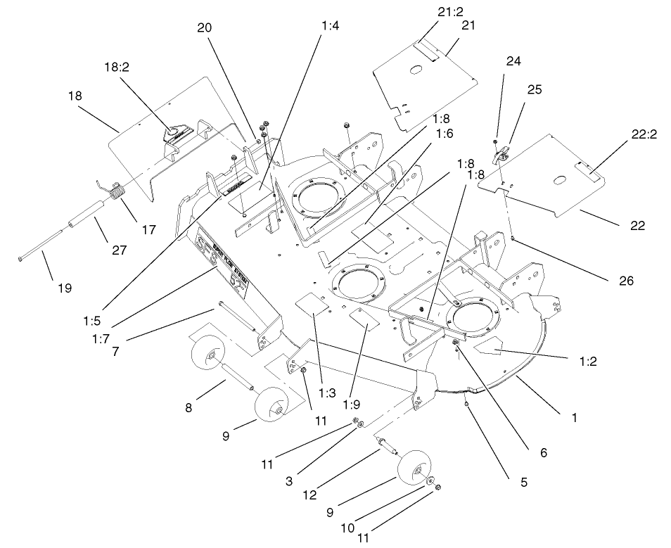 Deck, Deflector And Roller Assembly Diagram and Parts List for 74228 (220000001-220999999)(2002) Toro Lawn Mower