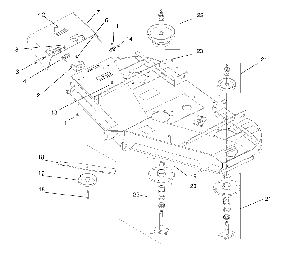Spindles, Blades, And Deflector Diagram and Parts List for 74208 890001 - 899999 Toro Lawn Mower