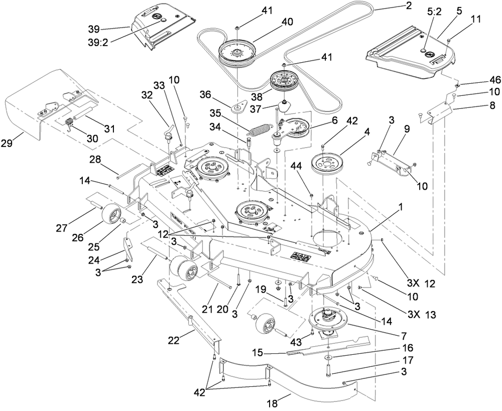 Deck Assembly Diagram and Parts List for 74925TE (290000001-290999999)(2009) Toro Lawn Mower