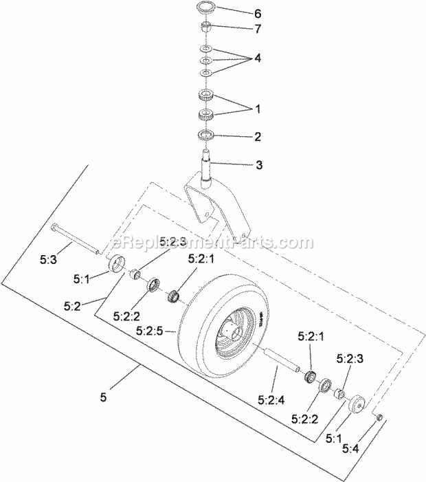 Caster Wheel And Fork Assembly Diagram and Parts List for 74921 290000001-290999999 Toro Lawn Mower