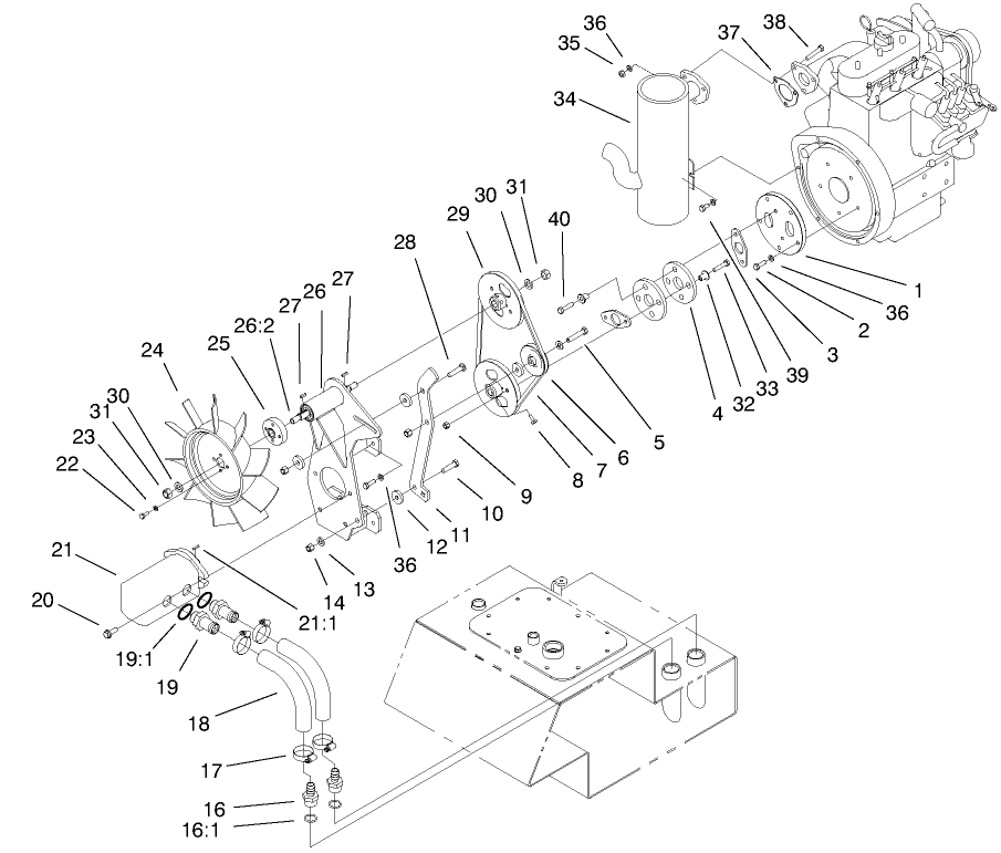 Pump And Fan Mount Assembly Diagram and Parts List for 22303 990001 - 999999 Toro Lawn Tractor Accessories