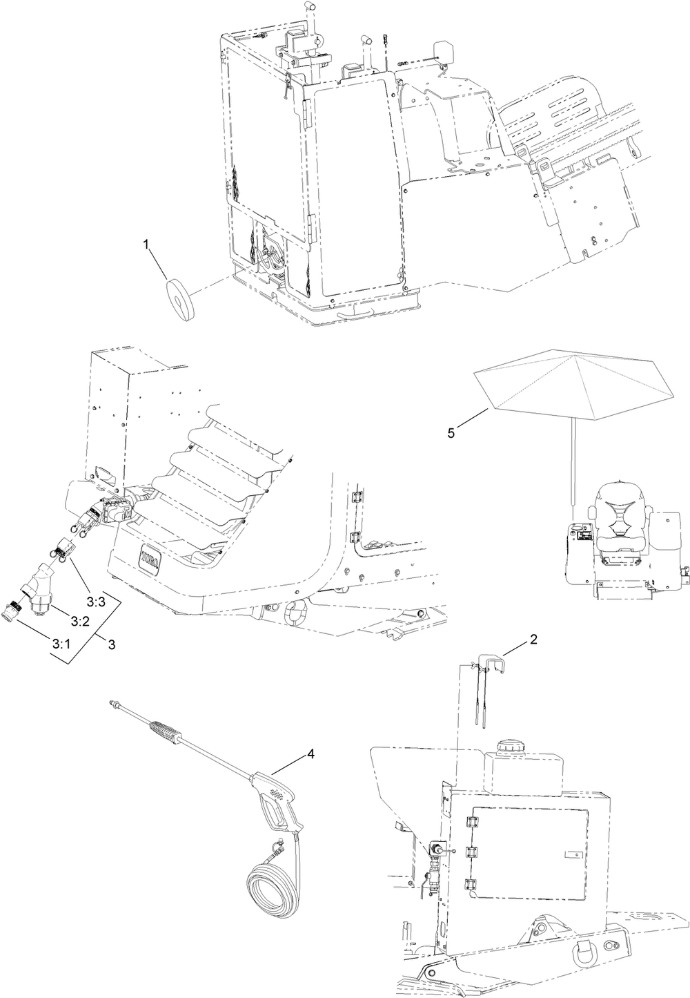 Umbrella, Wash Down Wand, Cylinder Lockout  Y-Strainer And Split Wiper Assembly Diagram and Parts List for 23898 400000000 - 999999999 Toro Lawn Tractor Accessories
