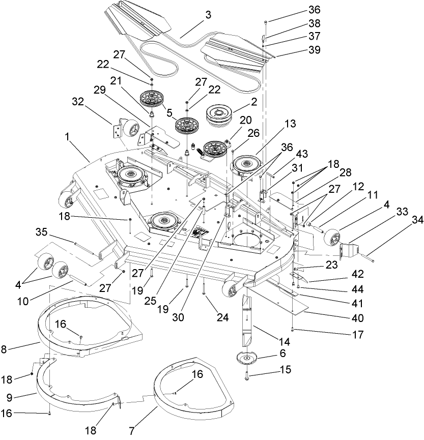Deck Assembly Diagram and Parts List for 74281TE (270000001-270000300)(2007) Toro Lawn Tractor
