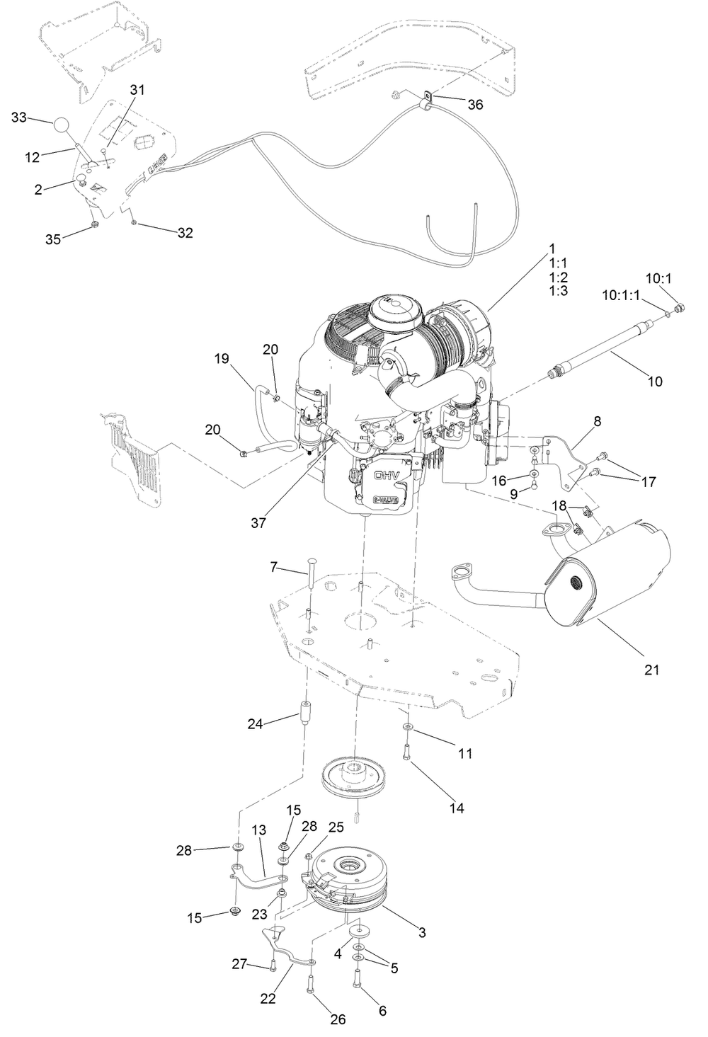 Engine, Clutch And Muffler Assembly Diagram and Parts List for 72968 409039415-999999999 Toro Lawn Mower