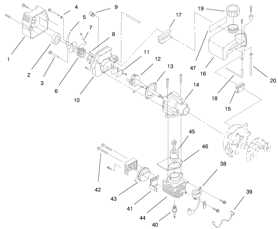 Carburetor, Cylinder, Crankcase & Fuel Tank Assemblies Diagram and Parts List for 58356 79000001 - 79999999 Toro Cultivator
