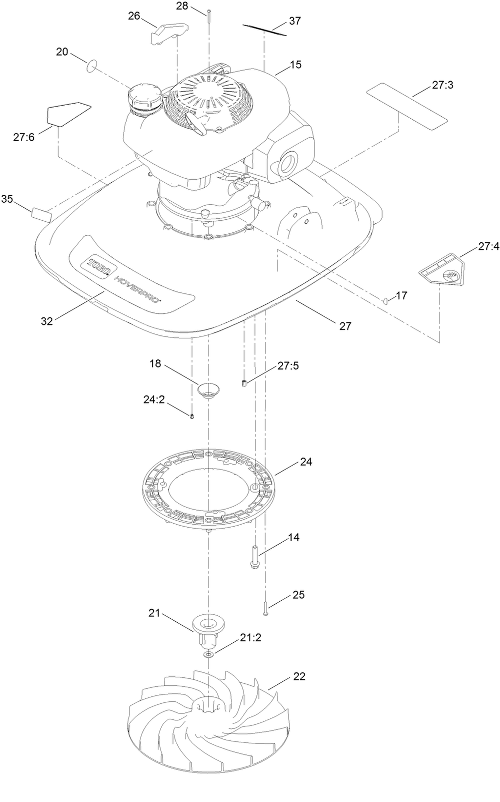 Engine And Deck Assembly Diagram and Parts List for 02610 410200000-999999999 Toro Lawn Mower