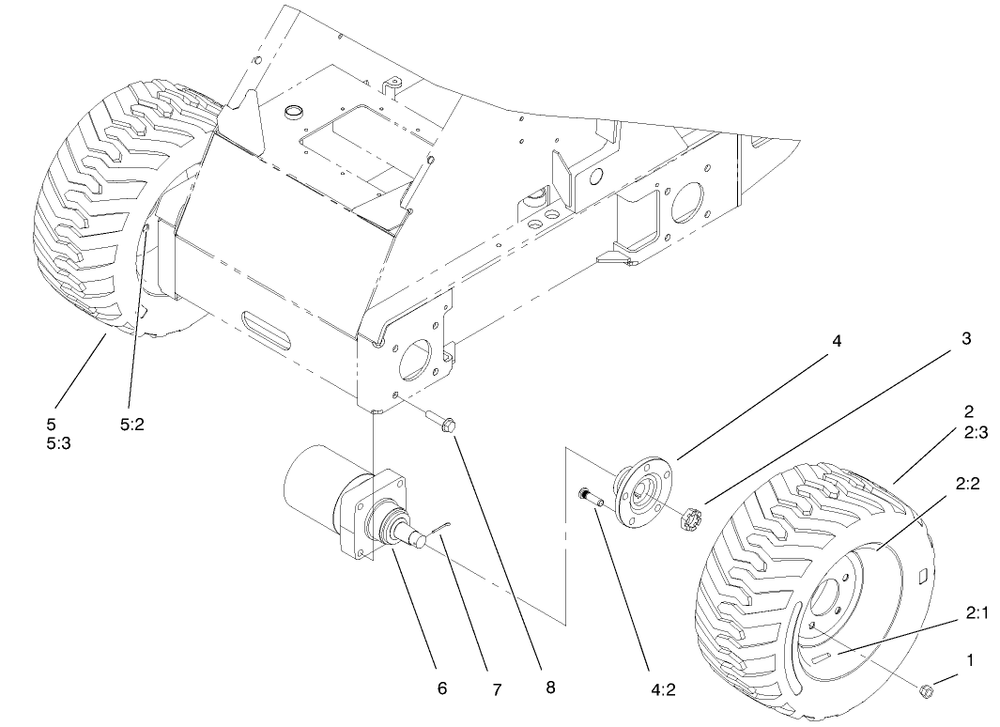 Wheel And Motor Assembly Diagram and Parts List for 22305 990001 - 991007 Toro Lawn Tractor Accessories