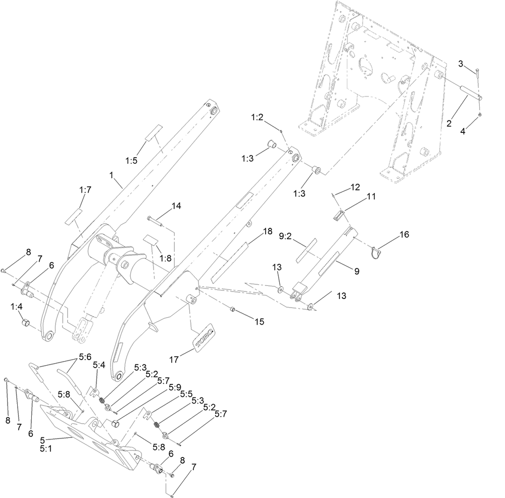 Loader Arm Assembly Diagram and Parts List for 22324 401800000 - 404499999 Toro Lawn Tractor Accessories