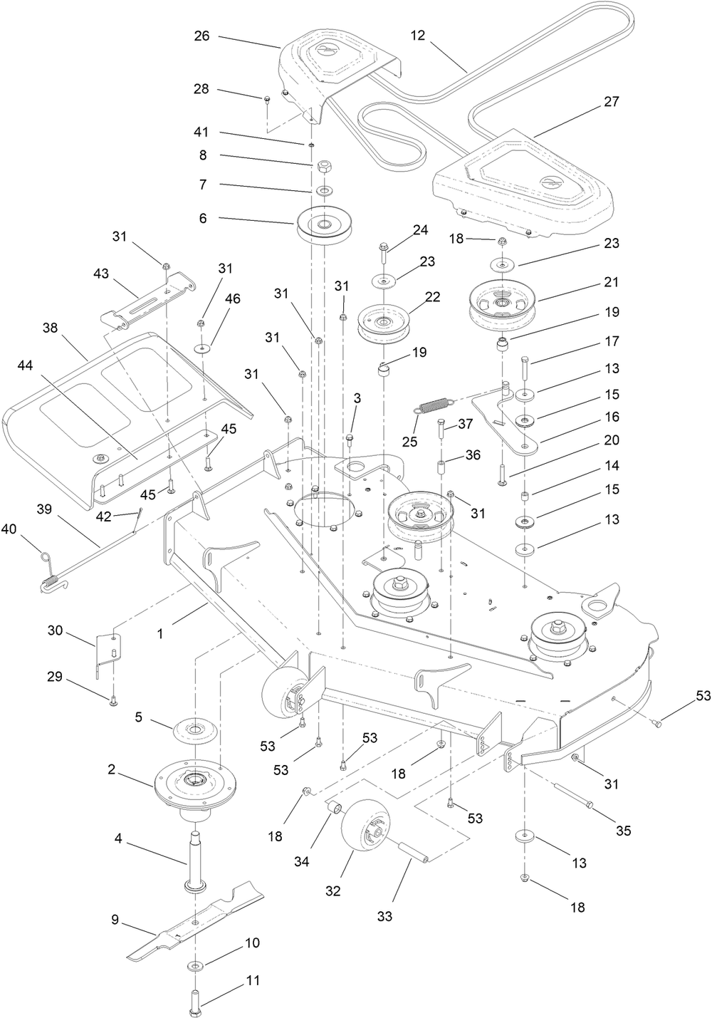 Deck Assembly Diagram and Parts List for 44448 406992240-407999999 Toro Lawn Mower