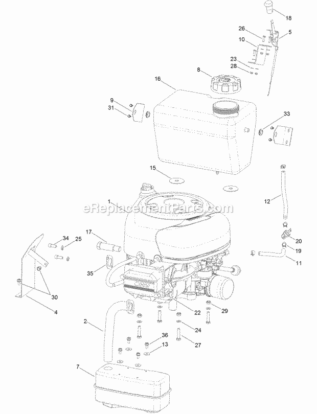 Engine And Muffler Assembly Diagram and Parts List for 74585 316000001-316999999 Toro Lawn Mower