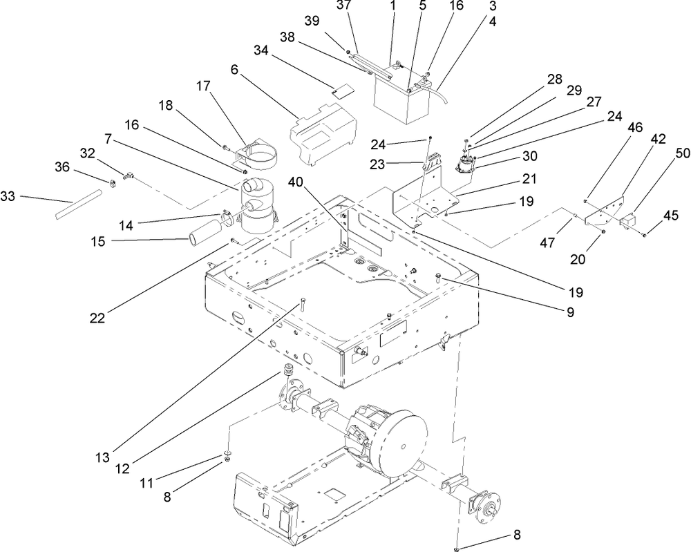 Drivetrain Mounting, Battery And Air Cleaner Assembly Diagram and Parts List for 12004TC 270000001 - 270999999 Toro Lawn Tractor