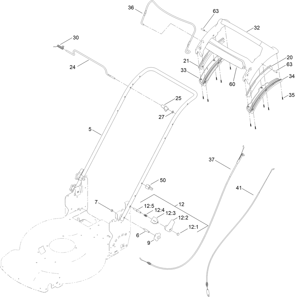 Handle Assembly Diagram and Parts List for 21864 400000000 - 411999999 Toro Lawn Mower
