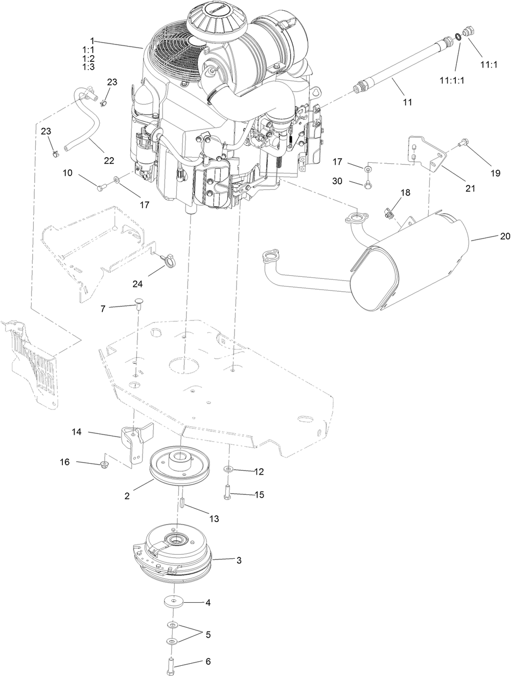 Engine, Muffler And Clutch Assembly Diagram and Parts List for 74950 402100000-403247404 Toro Lawn Mower