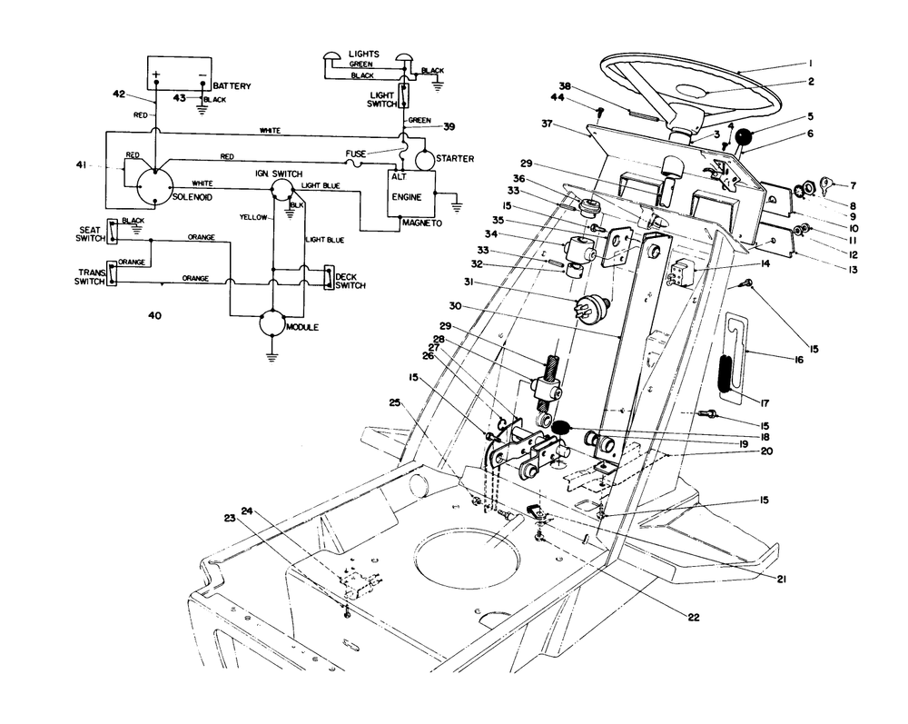 Steering Wheel & Dash Assembly Diagram and Parts List for 57351 7000001 - 7999999 Toro Lawn Tractor