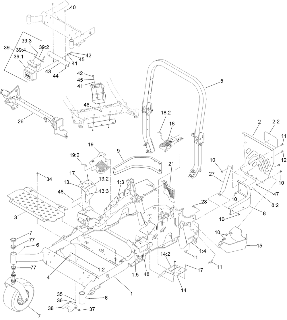 Frame, Caster And Z Stand Assembly Diagram and Parts List for 74902TE 400000000-402079999 Toro Lawn Mower
