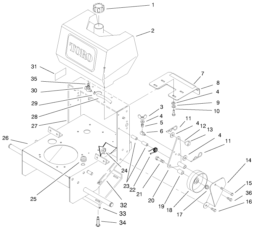 Frame, Fuel Tank And Wheel Drive Idler Diagram and Parts List for 30165 990001 - 999999 Toro Lawn Tractor Accessories