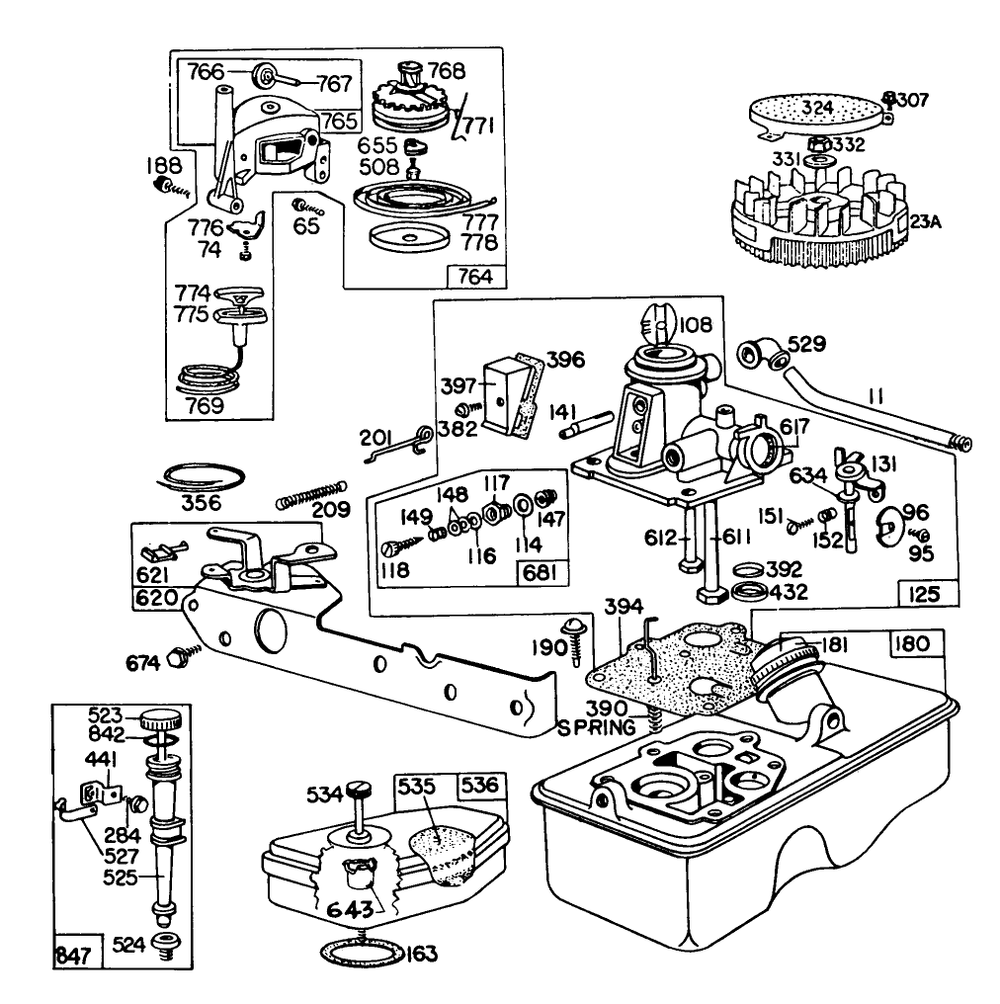 Carburetor And Rewind Starter Assembly Diagram and Parts List for 16830 9000001 - 9999999 Toro Lawn Mower