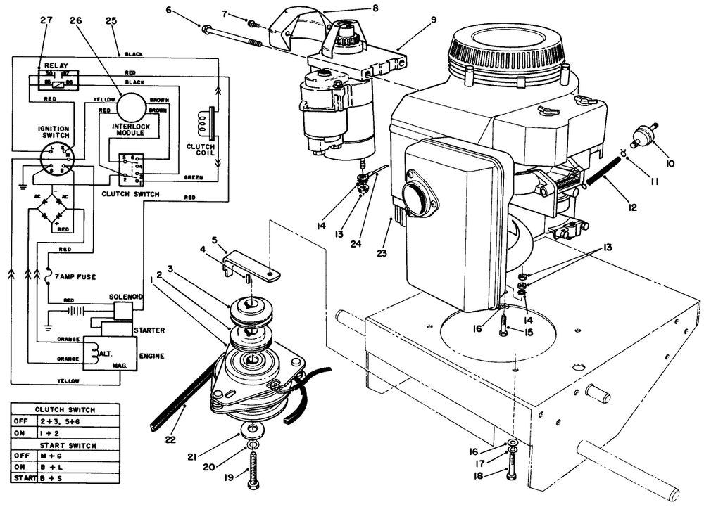 Engine & Clutch Assembly Diagram and Parts List for 30106 0000001 - 0999999 Toro Lawn Tractor Accessories