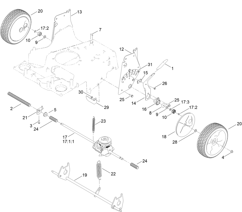 Rear Wheel And Height-Of-Cut Assembly Diagram and Parts List for 21200 412251183 - 412999999 Toro Lawn Mower