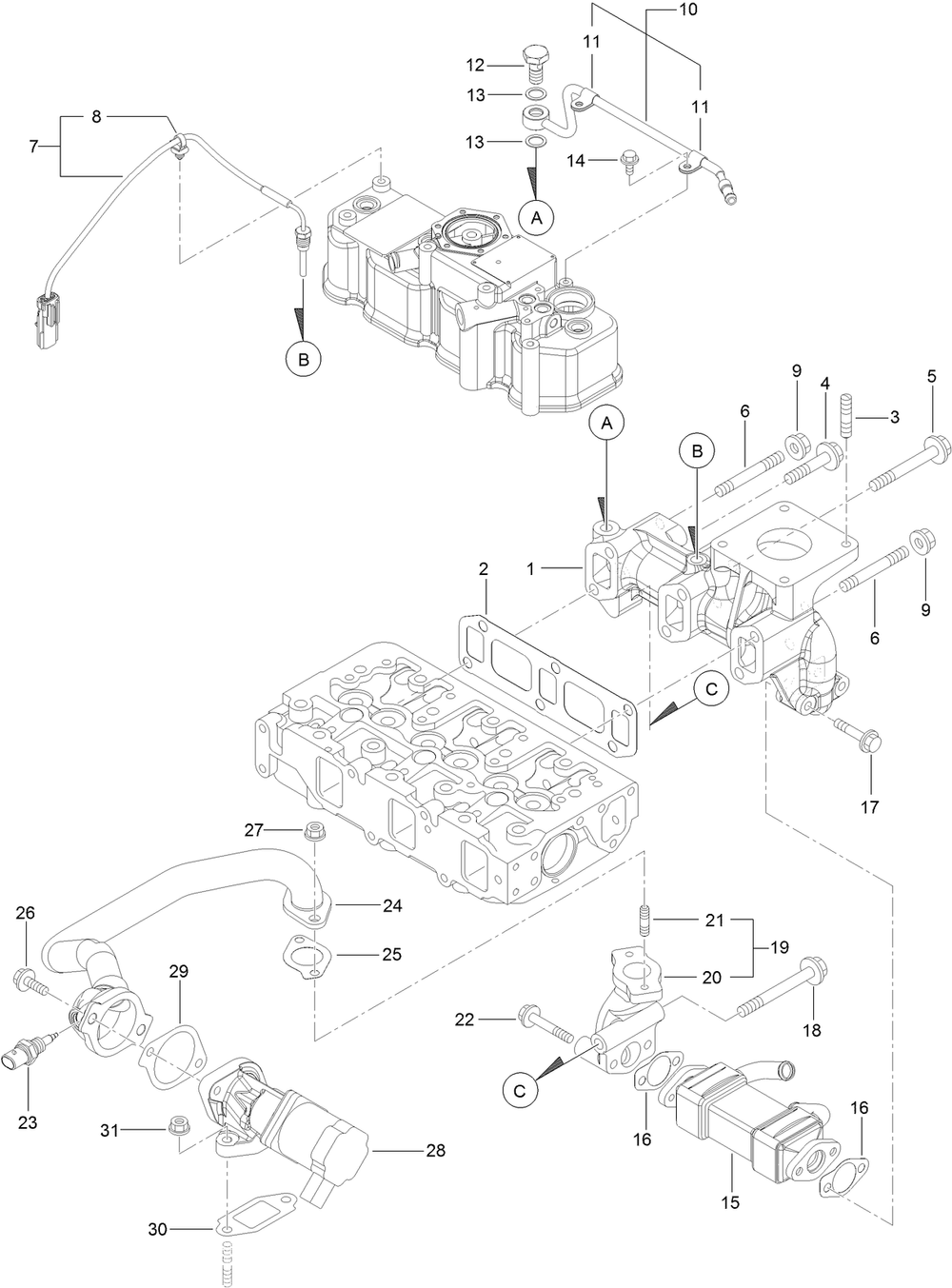 Exhaust Manifold Assembly Diagram and Parts List for 25403 400000000 - 401399999 Toro Lawn Tractor Accessories