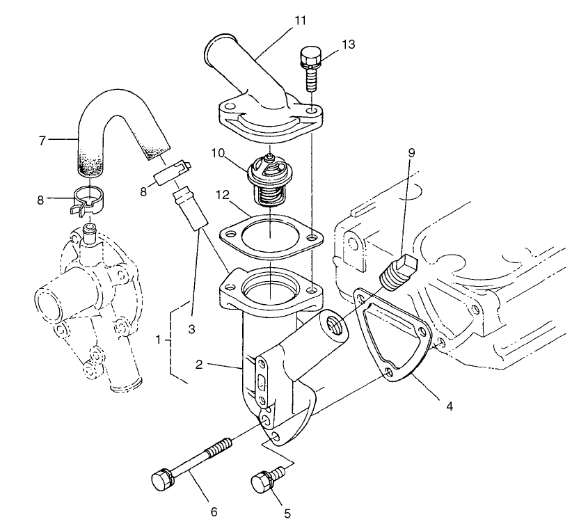 Water Flange And Thermostat Assembly Diagram and Parts List for 22303 990001 - 999999 Toro Lawn Tractor Accessories