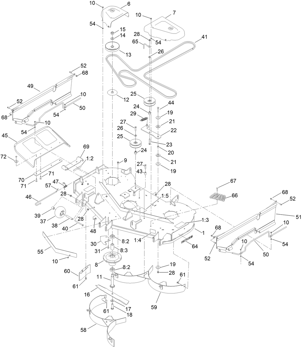 54in Deck And Decal Assembly Diagram and Parts List for 74898 400000000 - 411999999 Toro Lawn Tractor