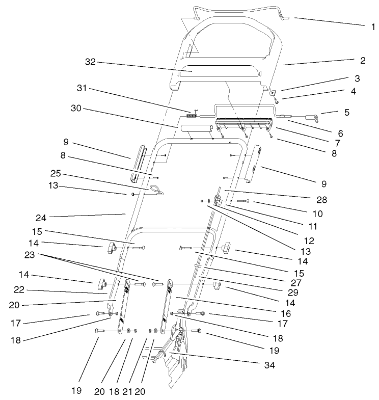 Handle And Control Assembly Diagram and Parts List for 20040 9900001 - 9999999 Toro Lawn Mower