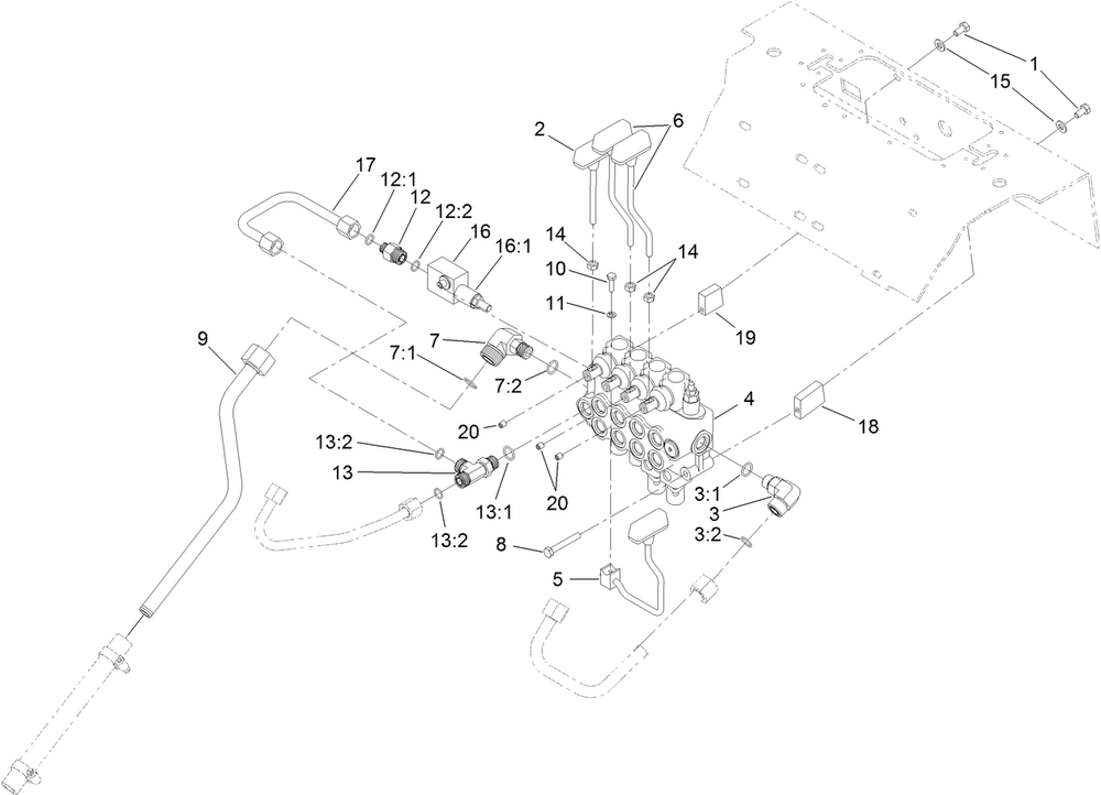Four Spool Valve And Lever Assembly Diagram and Parts List for 22318 404320000 - 405709999 Toro Lawn Tractor Accessories