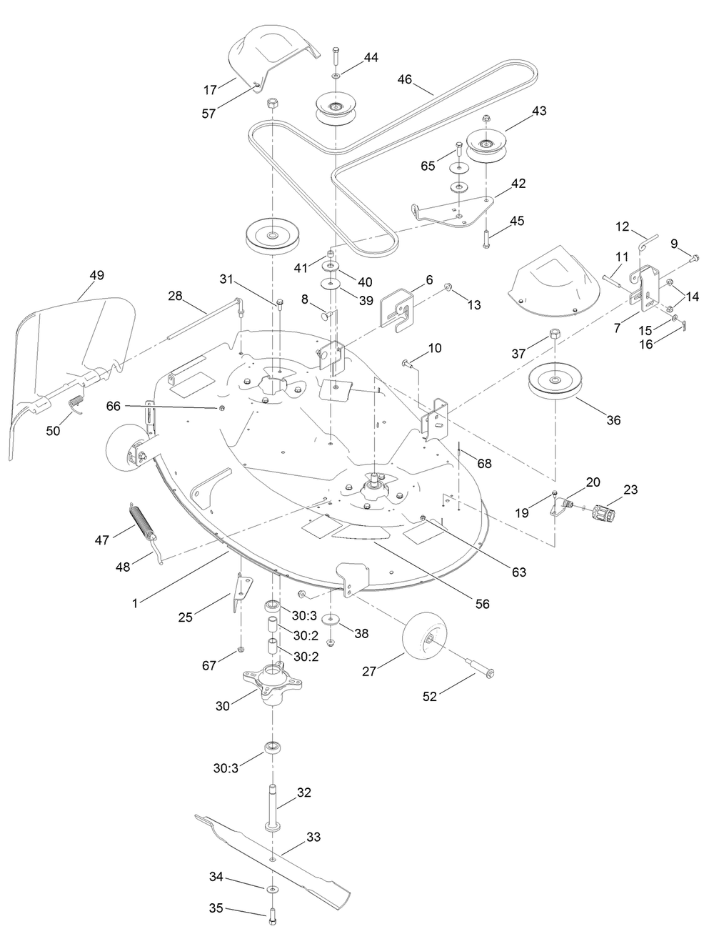 42 Inch Deck Assembly Diagram and Parts List for 74785 400000000 - 999999999 Toro Lawn Tractor